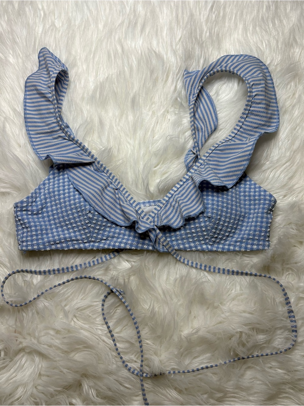 Aerie Blue Gingham & Stripe Ruffle Tie Swim Top